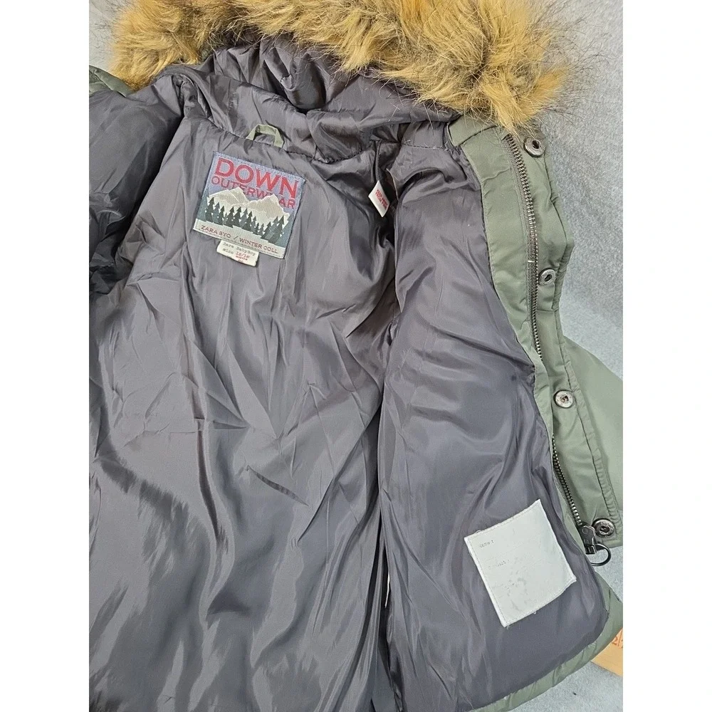 Zara Boys 12-18 Months Down Puffer Coat Jacket Faux‎ Fur Hood Parka Olive Green
